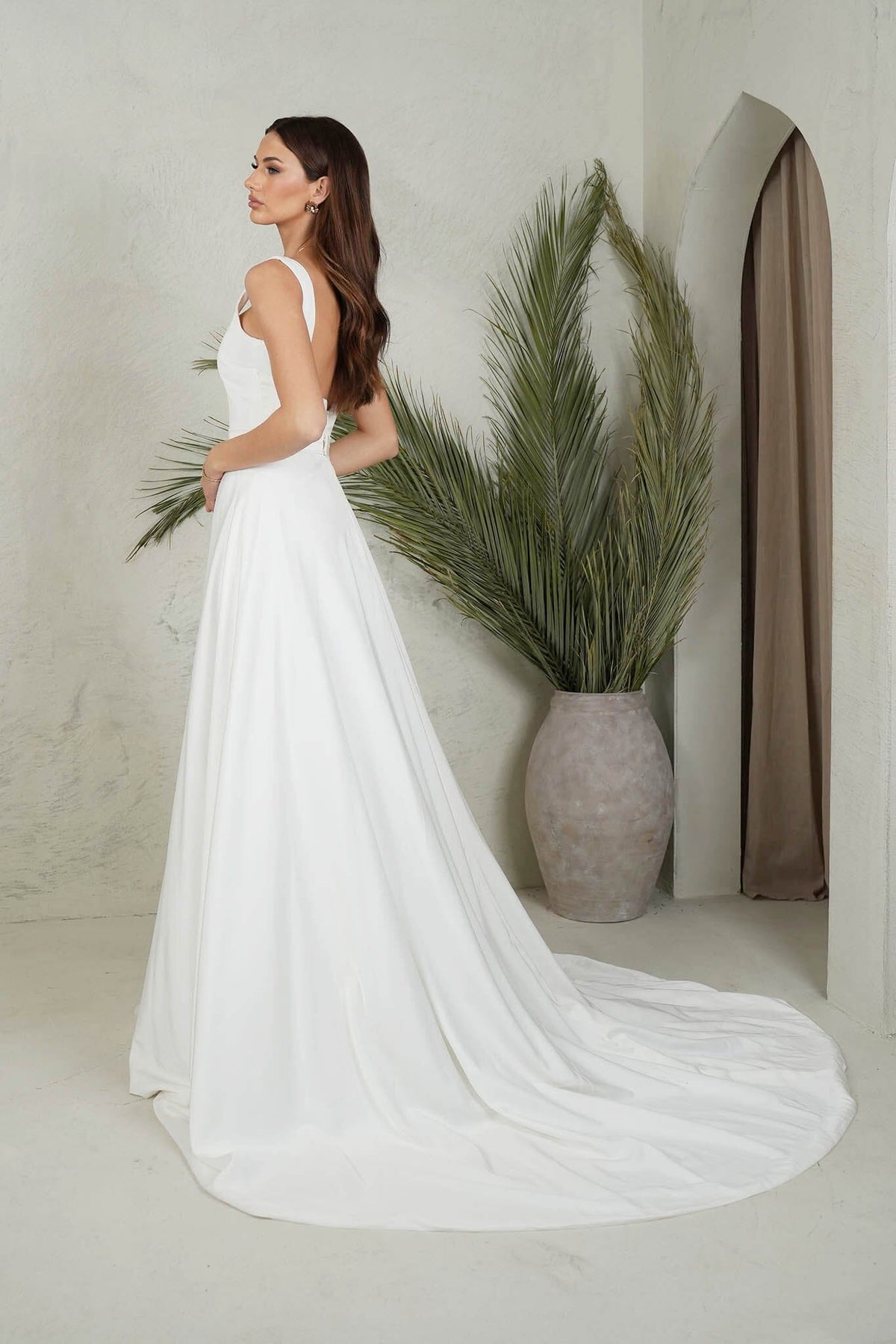Side Image showcasing Dramatic Train of Ivory White A-line Ball Gown with Square Neckline, Shoulder Straps and Detachable Belt