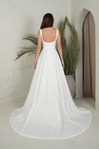 Open  Back Design of Ivory White A-line Ball Gown with Square Neckline, Shoulder Straps and Detachable Belt