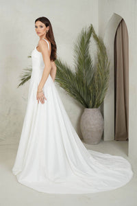 Side Image of Ivory White A-line Ball Gown with Square Neckline, Shoulder Straps and Detachable Belt