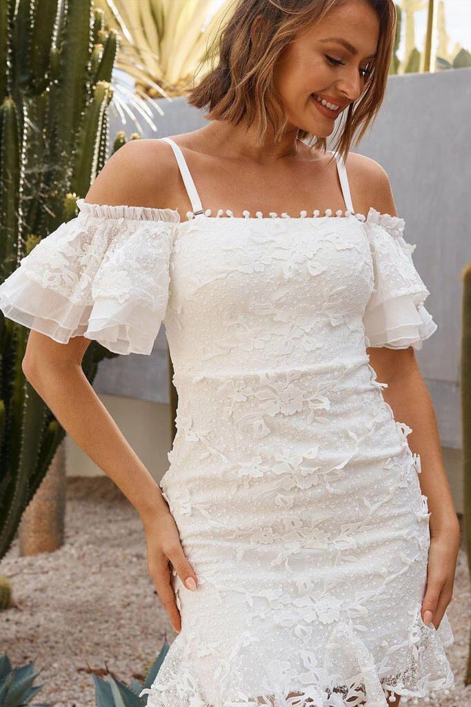 White Twosisters The Label Lace Mini Dress featuring 3D Lace, Bodycon Silhouette, Feminine Frilled Sleeves and Detachable Straps