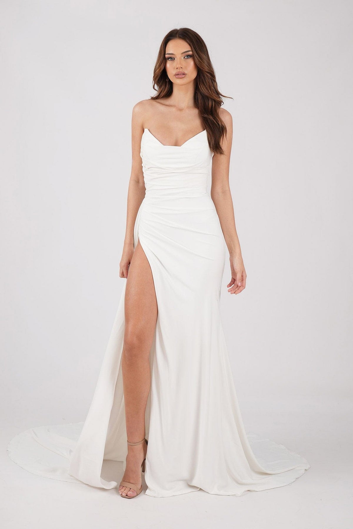 Ivory White Strapless Wedding Gown with Draped Detail at Bust and Waist, Thigh High Side Slit and Sweep Train