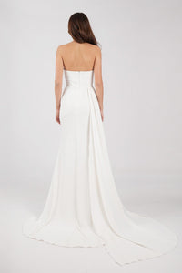 Back Image of Ivory White Strapless Wedding Gown with Draped Detail at Bust and Waist, Thigh High Side Slit and Sweep Train