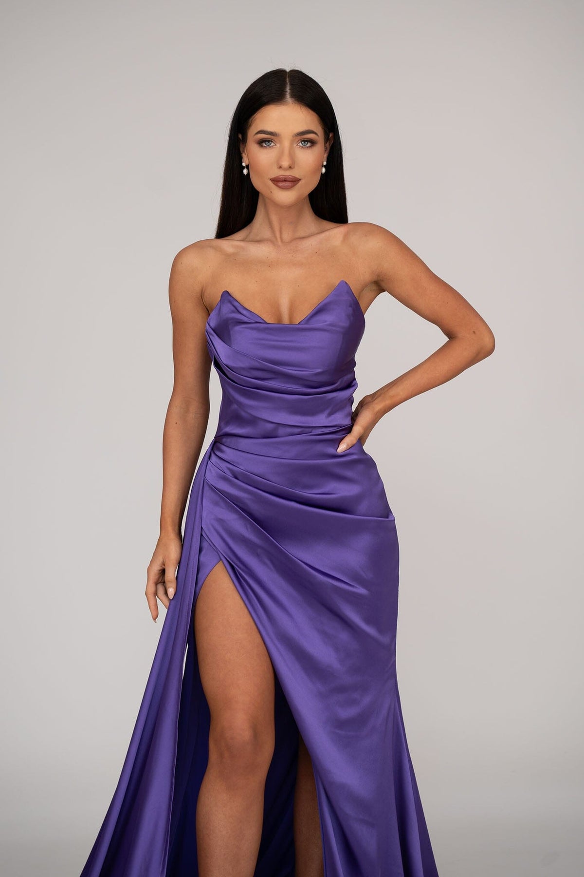 Purple Satin Evening Gown with Bustier Strapless Neckline, Draped Detail, Thigh High Slit, and Sweep Court Train