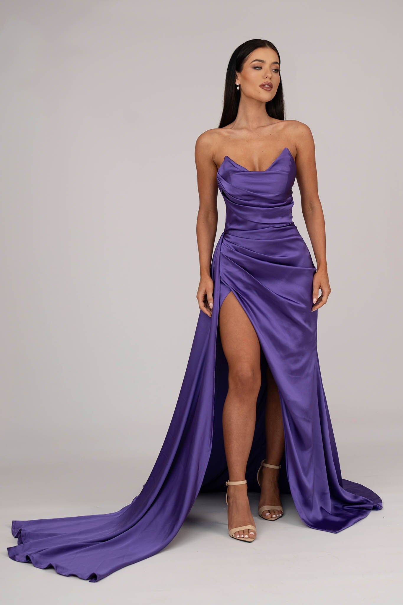 Grape Purple Satin Prom Dresses with Beaded Belt – loveangeldress