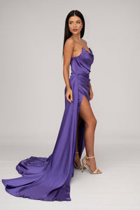 Side Image of Purple Satin Evening Gown with Bustier Strapless Neckline, Draped Detail, Thigh High Slit, and Sweep Court Train