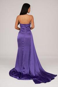 Back Image of Purple Satin Evening Gown with Bustier Strapless Neckline, Draped Detail, Thigh High Slit, and Sweep Court Train