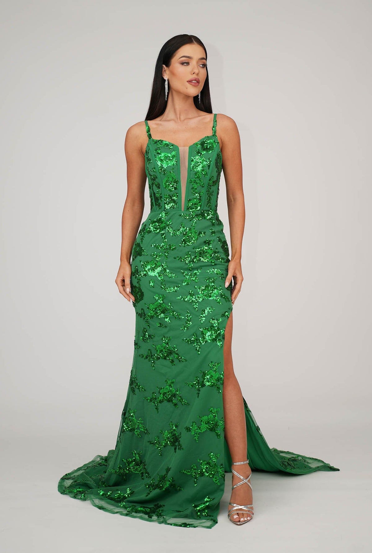 Bright Green Floral Embellished Sequins Floor Length Evening Gown with Corset Bodice, Mesh Insert, Side Slit and Lace Up Open Back