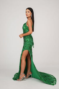 Side Slit of Bright Green Floral Embellished Sequins Floor Length Evening Gown with Corset Bodice, Mesh Insert and Lace Up Open Back