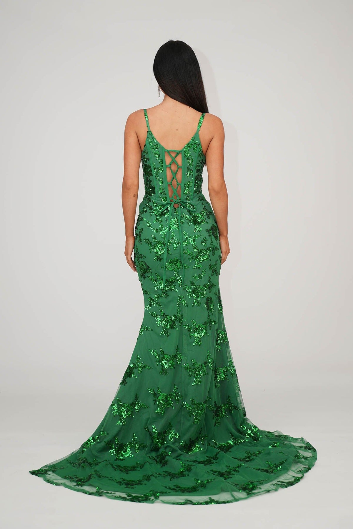 Lace Up Open Back of Bright Green Floral Embellished Sequins Floor Length Evening Gown with Corset Bodice, Mesh Insert and Side Slit