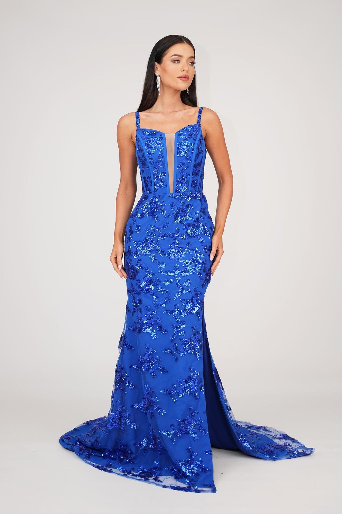 Royal Blue Floral Embellished Sequins Floor Length Evening Gown with Corset Bodice, Mesh Insert, Side Slit and Lace Up Open Back