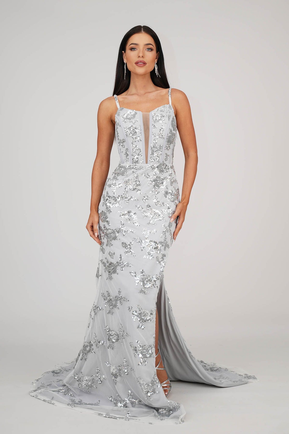 Silver Grey Floral Embellished Sequins Floor Length Evening Gown with Corset Bodice, Mesh Insert, Side Slit and Lace Up Open Back