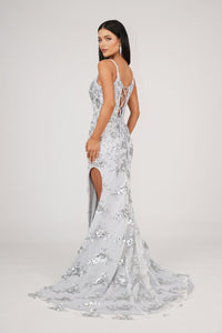 Side Slit and Lace Up Open Back of Silver Grey Floral Embellished Sequins Floor Length Evening Gown with Corset Bodice and Front Mesh Insert