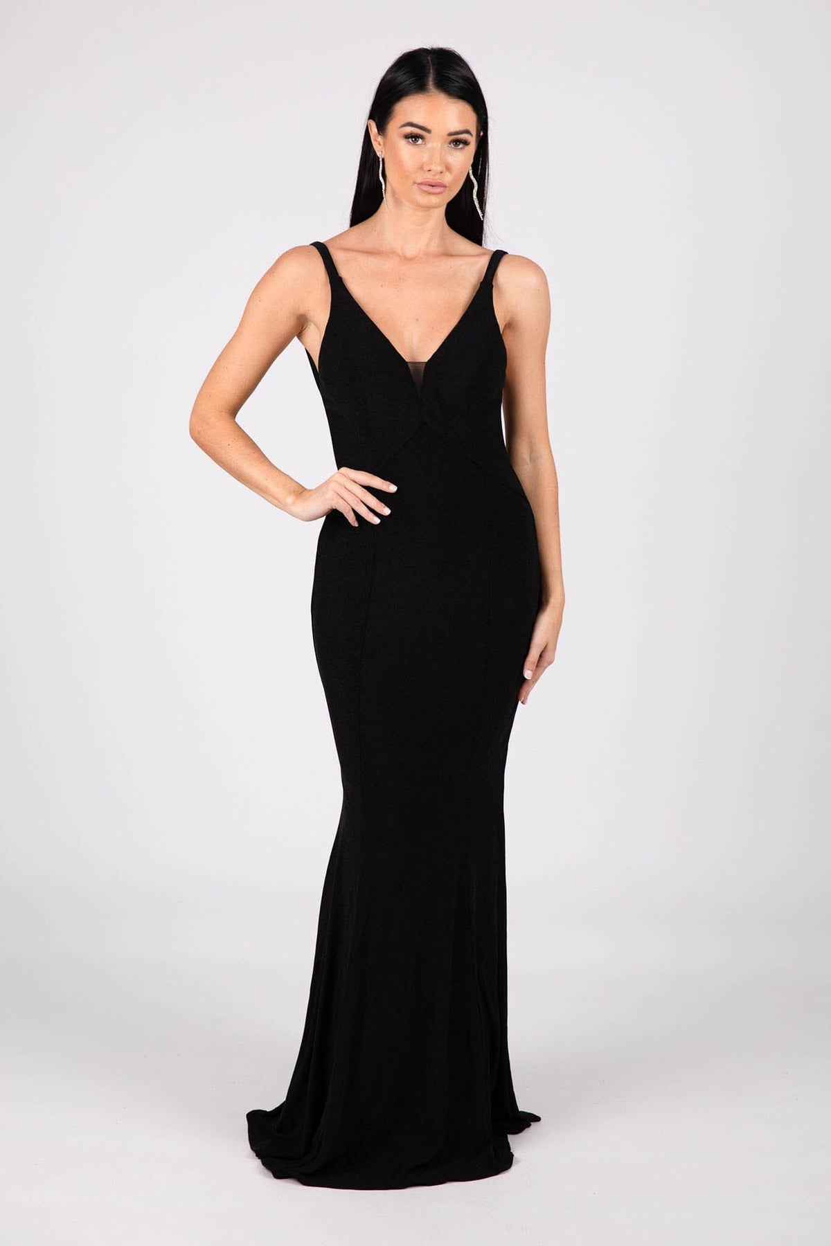 Shimmer Black Fitted Evening Gown with V Neckline