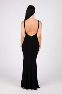V Backless Design of Shimmer Black Fitted Evening Gown with V Neckline