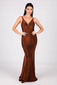 Shimmer Copper Coloured Floor Length Fitted Evening Gown with V Neckline