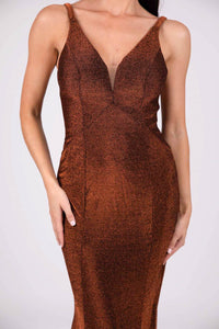 Close Up Image of Shimmer Copper Coloured Floor Length Fitted Evening Gown with V Neckline