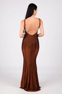 Backless Design of Shimmer Copper Coloured Floor Length Fitted Evening Gown with V Neckline