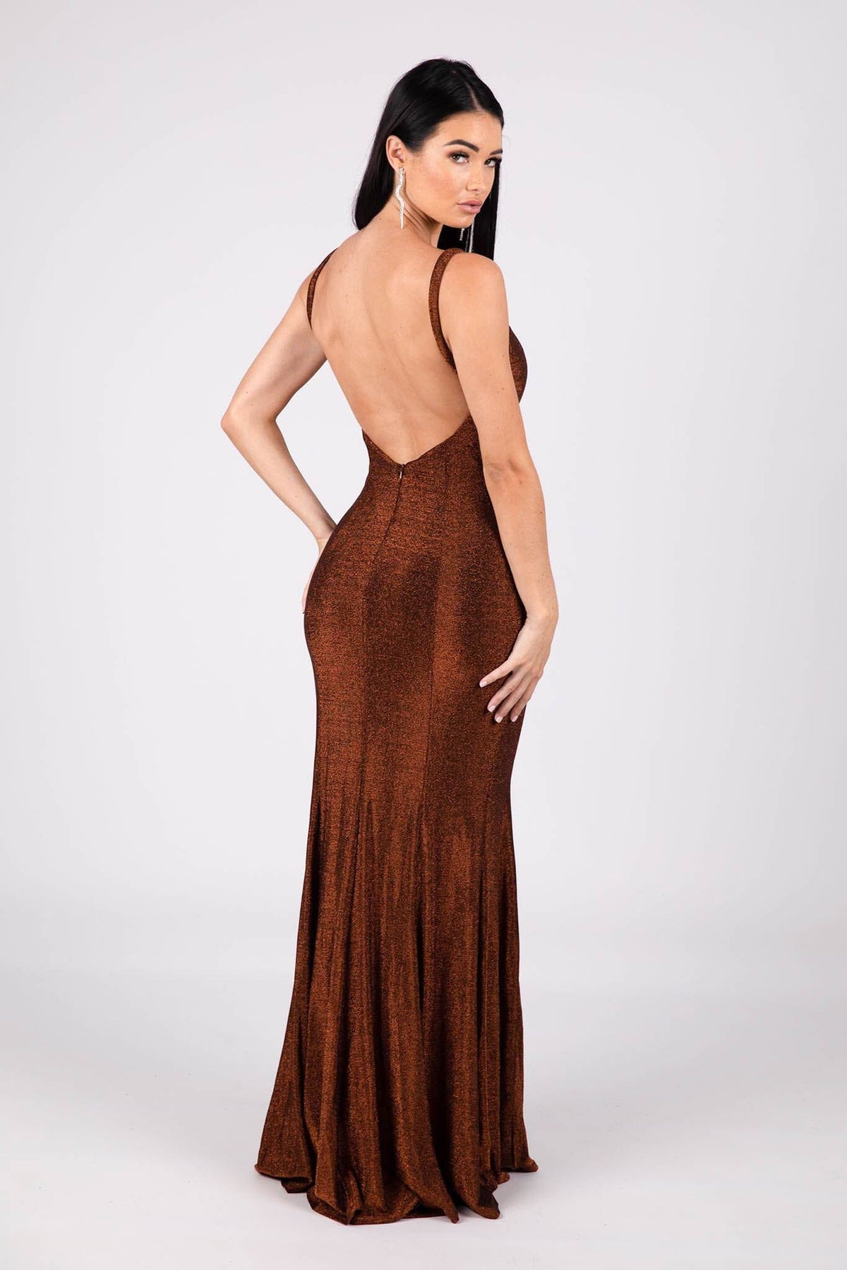 V Backless Design of Shimmer Copper Rust Coloured Floor Length Fitted Evening Gown with V Neckline