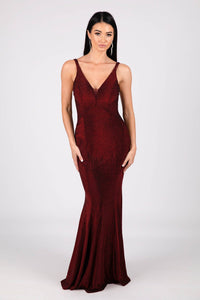 Shimmer Deep Red Floor Length Fitted Evening Gown with V Neckline