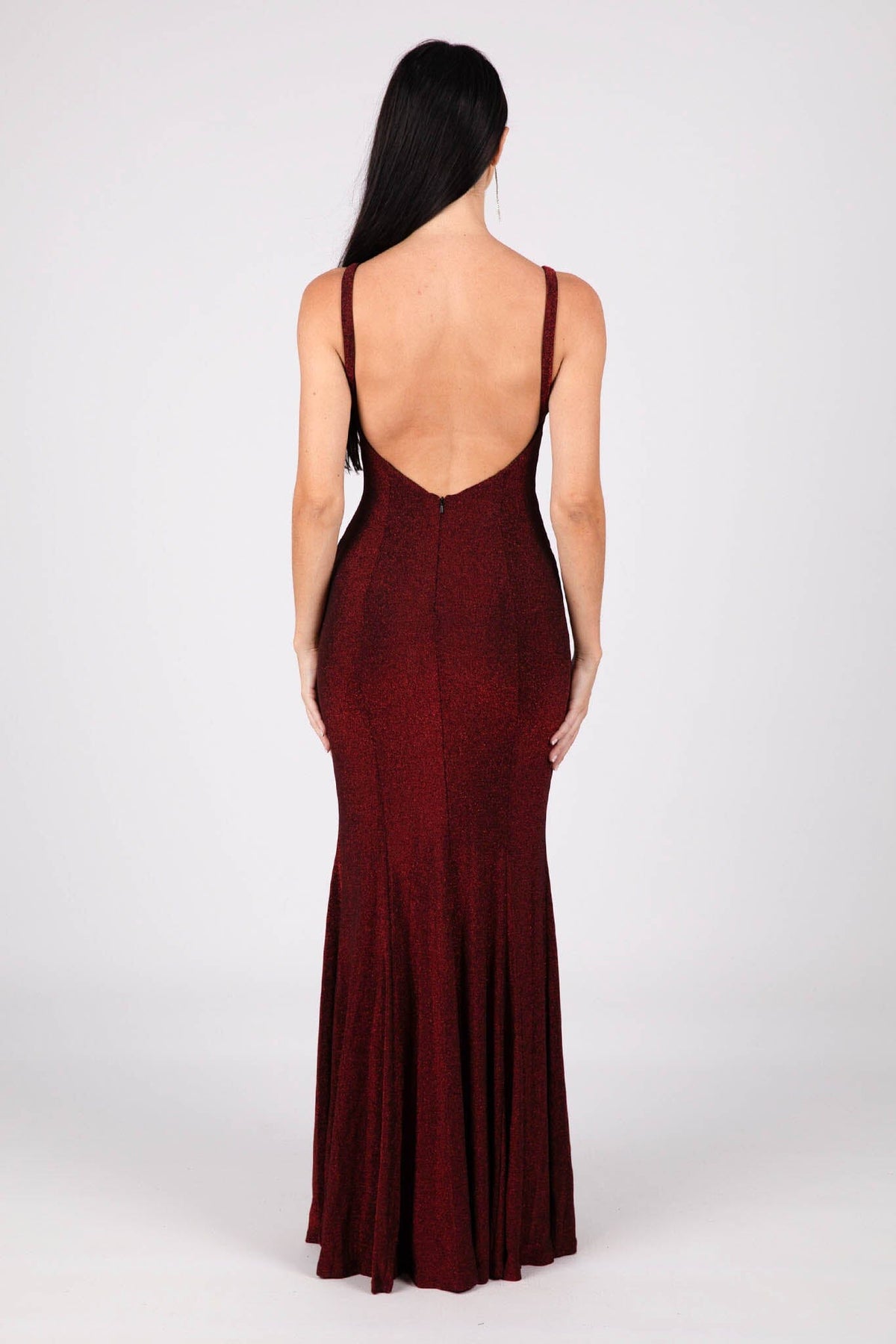 V Backless Design of Shimmer Deep Red Floor Length Fitted Evening Gown with V Neckline