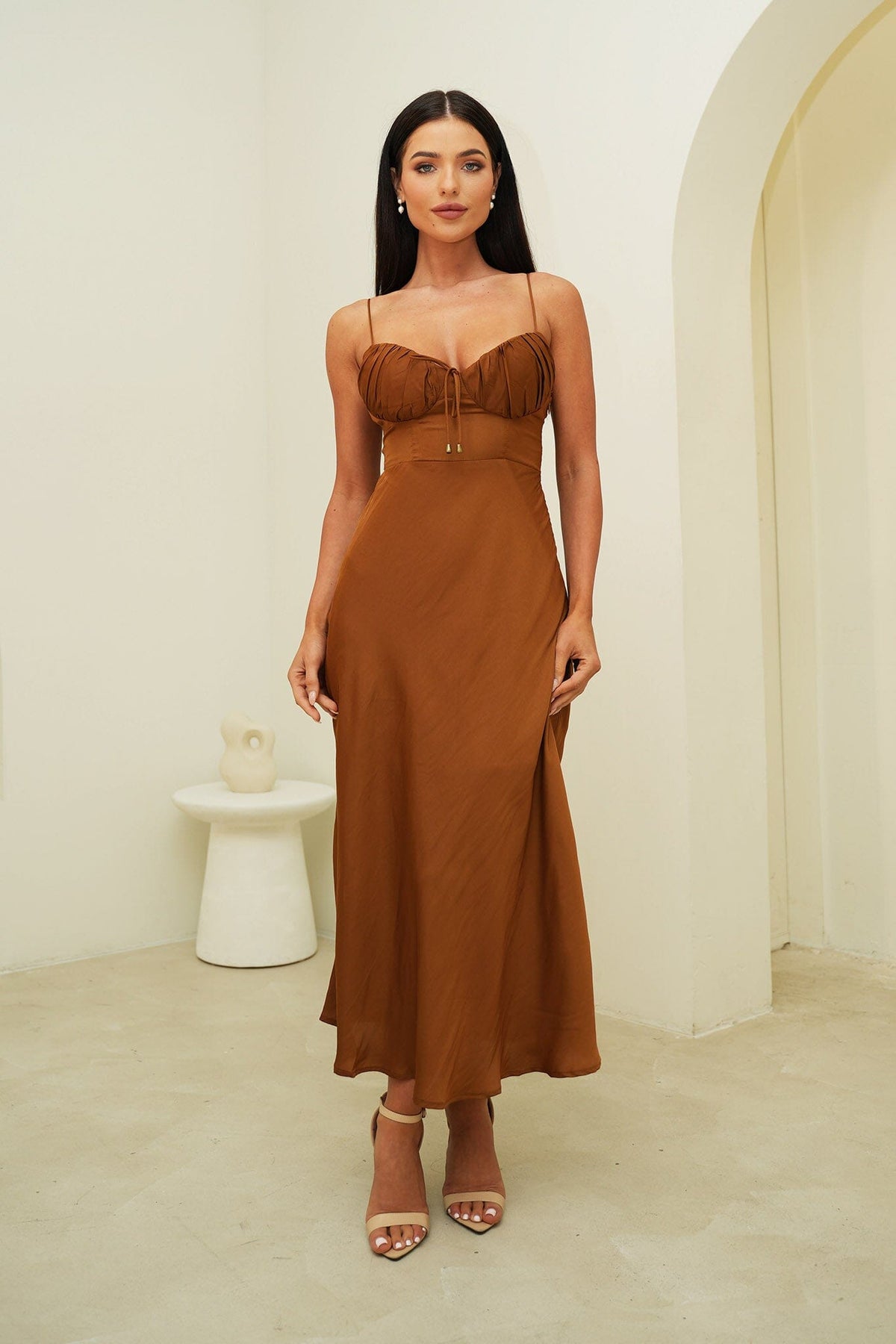 Satin Look Summer Midi Dress with Ruched Bust Detail and Thin Straps in Chocolate Brown Colour