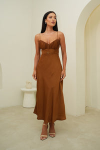 Satin Look Summer Midi Dress with Ruched Bust Detail and Thin Straps in Chocolate Brown Colour