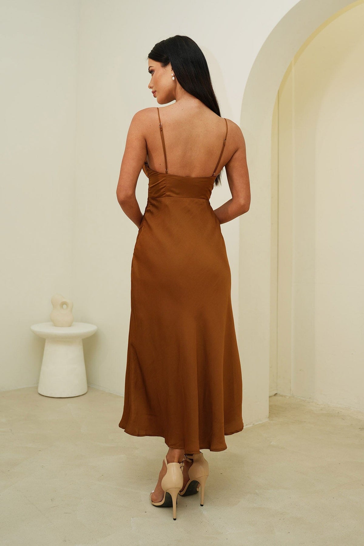 Open Back and Adjustable Thin Straps of Satin Look Summer Midi Dress with Ruched Bust Detail and Thin Straps in Chocolate Brown Colour