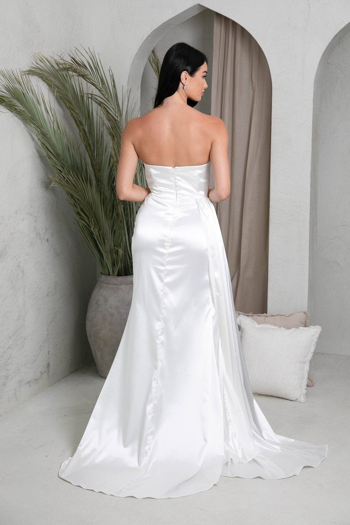 Back Image of Ivory White Shiny Satin Long Gown with Strapless Neckline, Gathering Detail, High Side Split and Court Train
