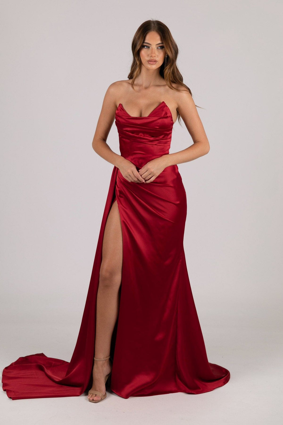 Deep Red Satin Evening Gown with Strapless Bodice, Gathered Detail at Bust and Waist and High Side Slit