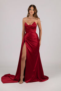 Deep Red Satin Evening Gown with Strapless Bodice, Gathered Detail at Bust and Waist and High Side Slit