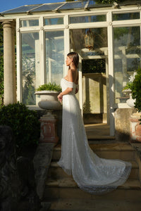 Bride in a sparkly white bridal dress standing in front of a glasshouse with plants.