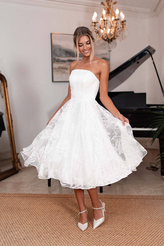 Vivienne Strapless Tea Length Midi - White