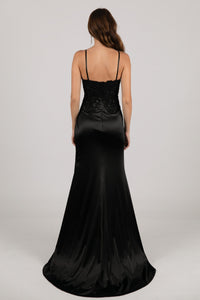 Back Image of Black Stretch Satin Fitted Evening Gown with Sweetheart Bustier Neckline, Beading Detail on Floral Lace Appliques, Corset Bodice, Thin Shoulder Straps and High Side Slit 