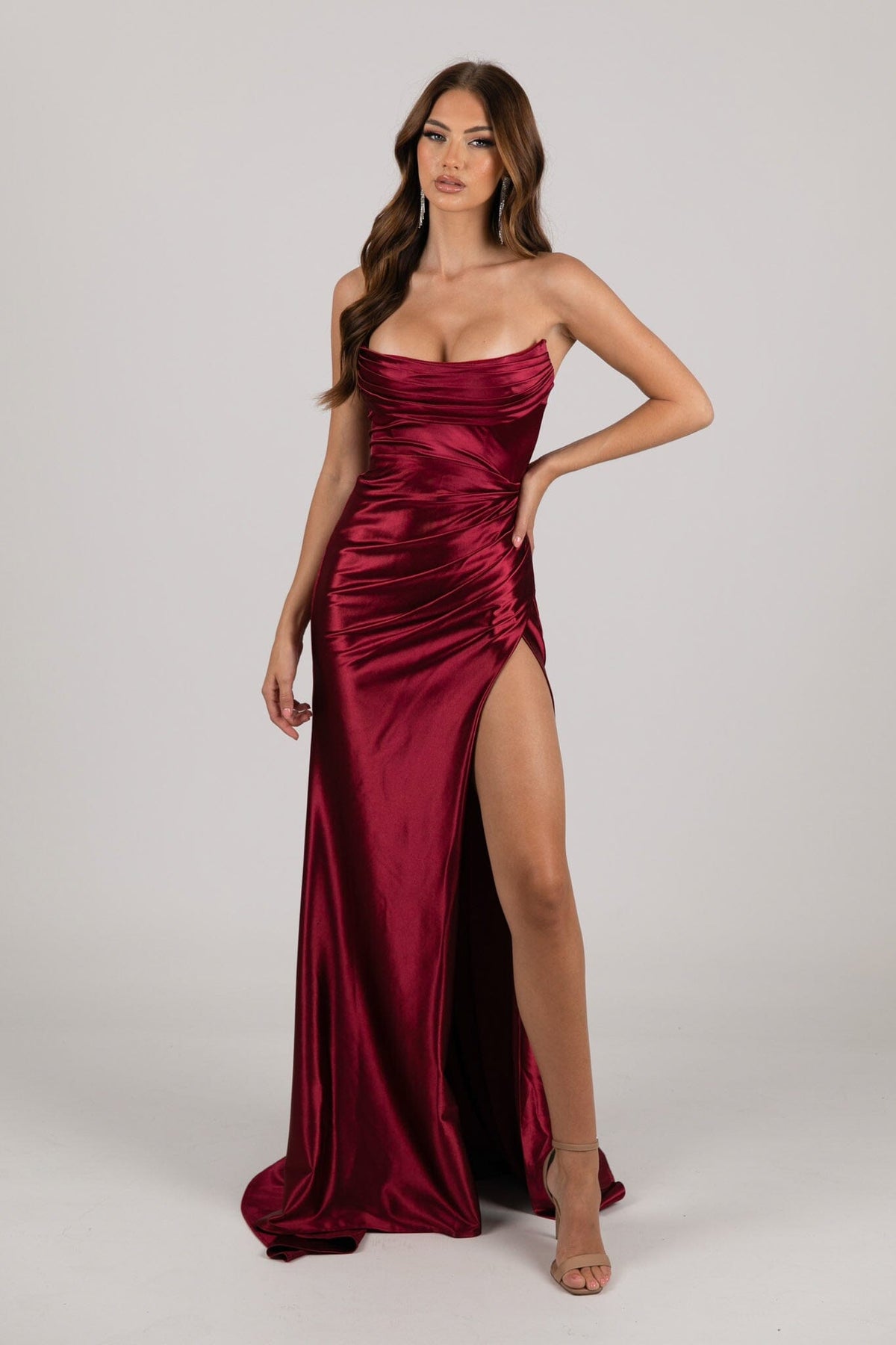 Burgundy Dark Red Stretch Satin Formal Gown with Bustier Strapless Neckline, Gathered Detail and Thigh High Side Slit