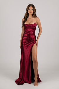 High Side Slit of Burgundy Dark Red Stretch Satin Formal Gown with Bustier Strapless Neckline