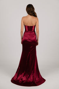 Small Train of Burgundy Dark Red Stretch Satin Formal Gown with Bustier Strapless Neckline and Thigh High Side Slit