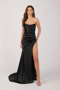 Black Stretch Satin Formal Gown with Bustier Strapless Neckline and Thigh High Side Slit