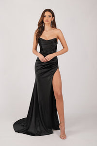 Black Stretch Satin Formal Gown with Bustier Strapless Neckline and Thigh High Side Slit