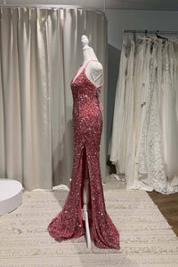 Sample Sale - Zelda Side Slit Velvet Sequin Gown in Pink (XS)