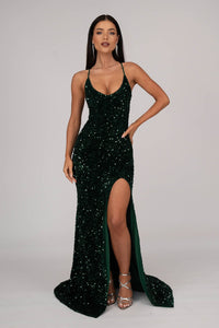 Full Frontal Image of Emerald Green Velvet Sequin Full Length Evening Gown with V Neckline, Thin Shoulder Straps, Thigh High Side Split and Lace Up Open Back