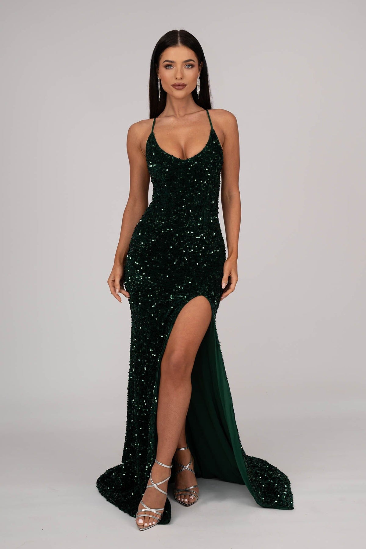 Emerald Green Velvet Sequin Full Length Evening Gown with V Neckline, Thin Shoulder Straps, Thigh High Side Split and Lace Up Open Back