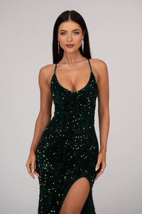 Close Up of Emerald Green Velvet Sequin Full Length Evening Gown with V Neckline, Thin Shoulder Straps, Thigh High Side Split and Lace Up Open Back