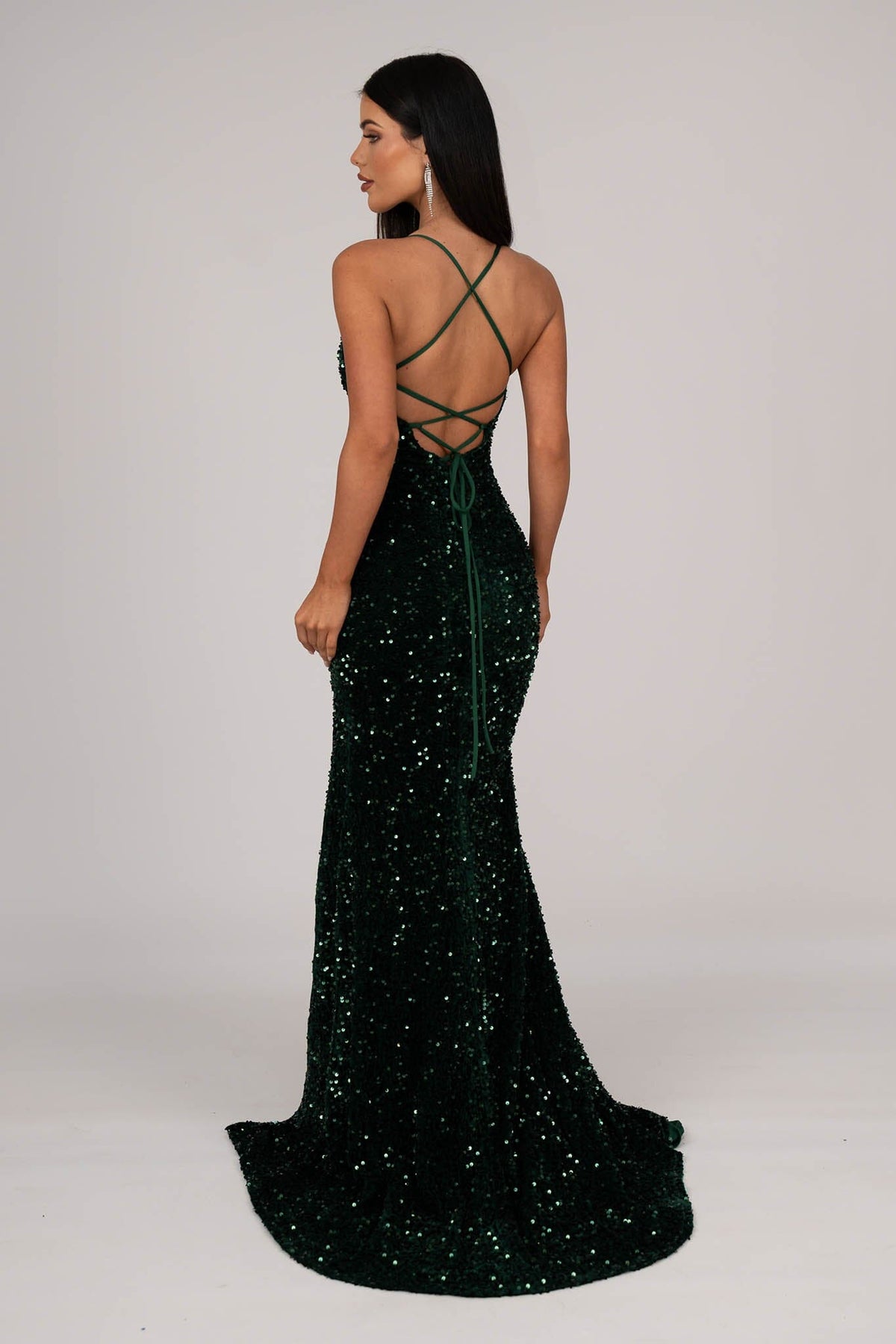 Lace Up Open Back of Emerald Green Velvet Sequin Full Length Evening Gown with V Neckline, Thin Shoulder Straps and Thigh High Side Split