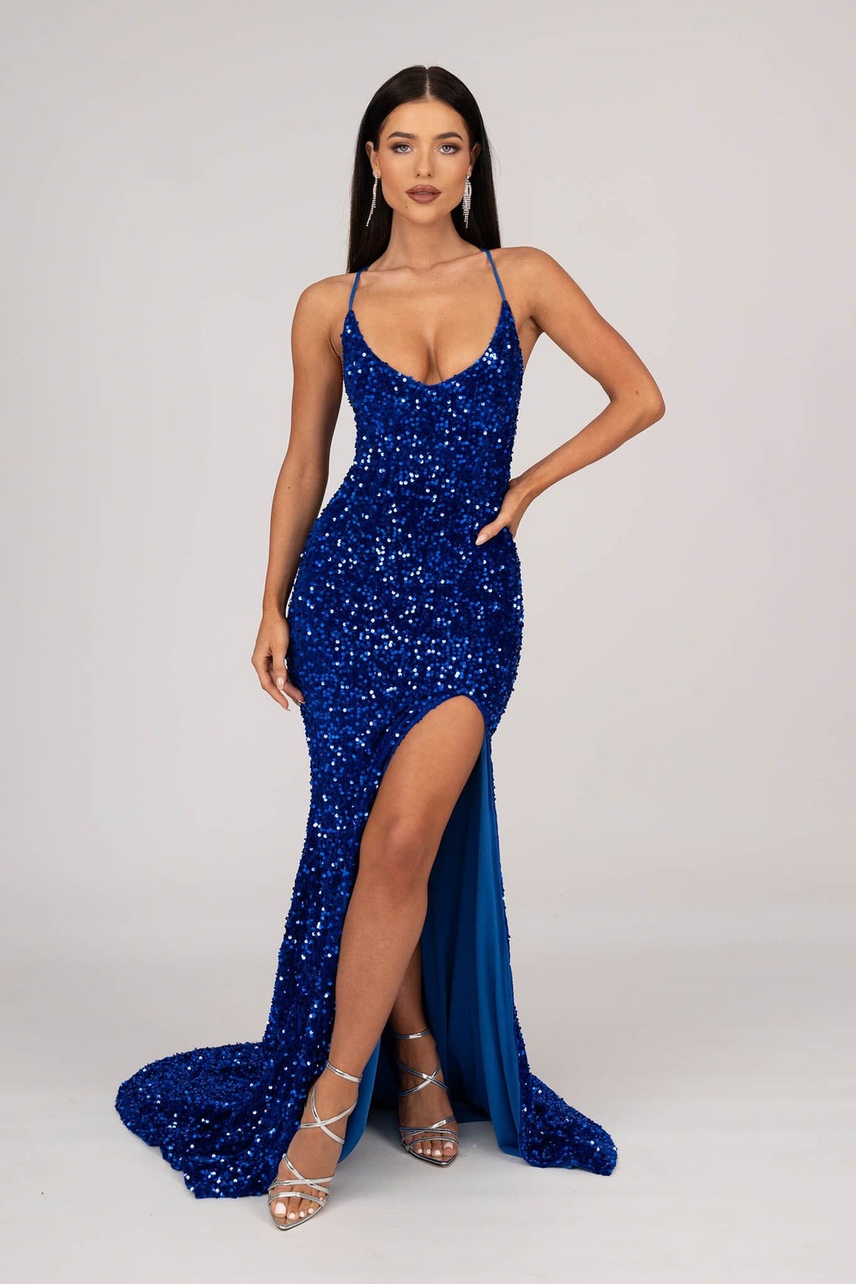Navy Velvet Sequin Full Length Evening Gown with V Neckline, Thin Shoulder Straps, Thigh High Side Split and Lace Up Open Back