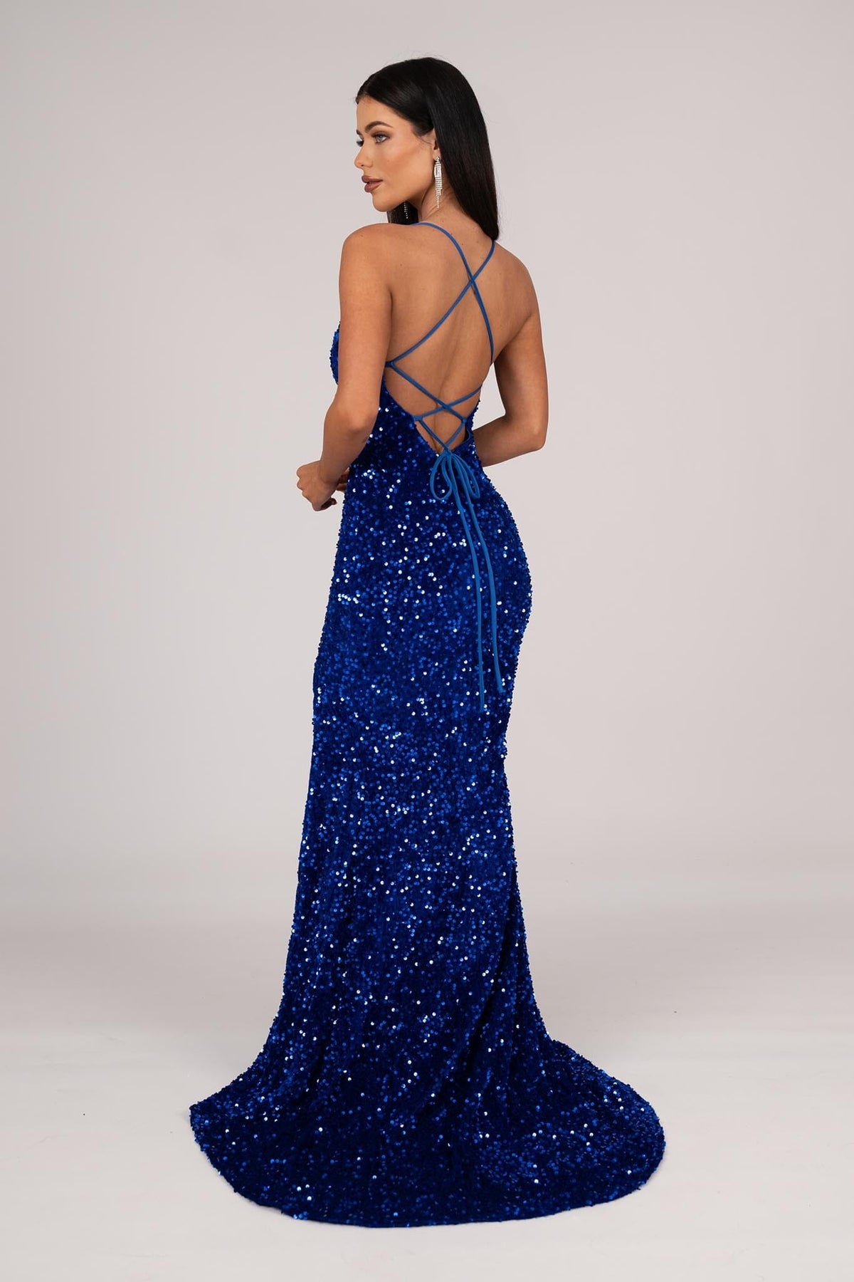 Zelda Side Slit Velvet Sequin Gown - Royal Blue