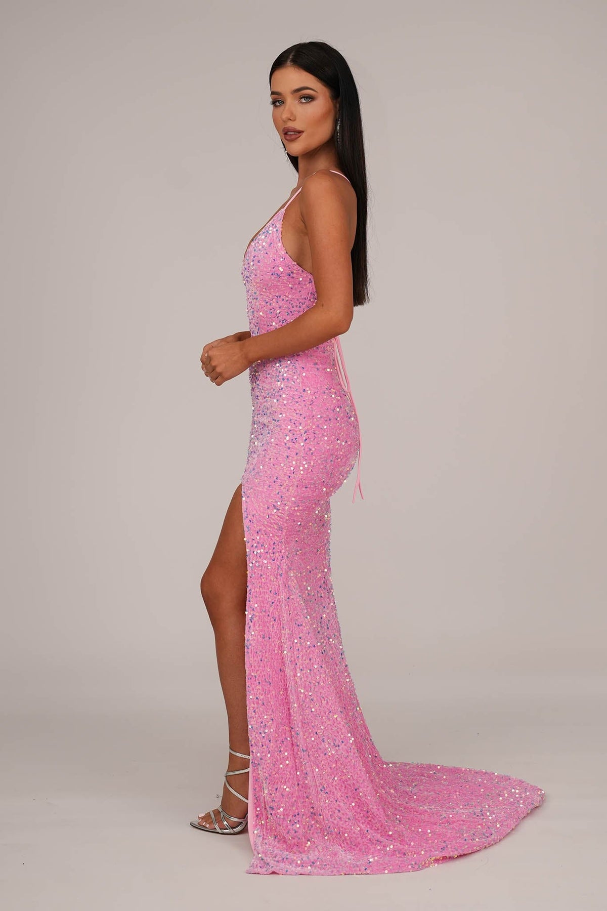 Side Image of Pink Velvet Sequin Full Length Evening Gown with V Neckline, Thin Shoulder Straps, Thigh High Side Split and Lace Up Open Back