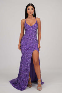 Full Frontal Image of Purple Velvet Sequin Full Length Evening Gown with V Neckline, Thin Shoulder Straps, Thigh High Side Split and Lace Up Open Back