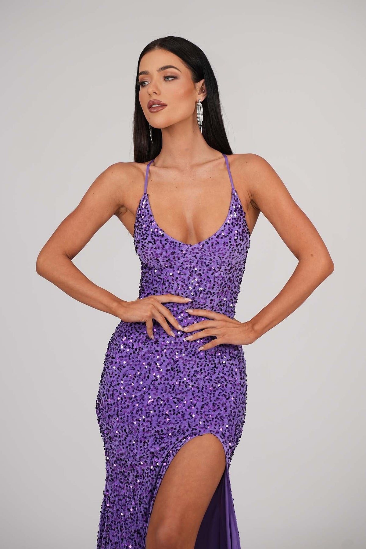 Close Up of Purple Velvet Sequin Full Length Evening Gown with V Neckline, Thin Shoulder Straps, Thigh High Side Split and Lace Up Open Back