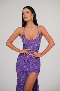 Close Up of Purple Velvet Sequin Full Length Evening Gown with V Neckline, Thin Shoulder Straps, Thigh High Side Split and Lace Up Open Back