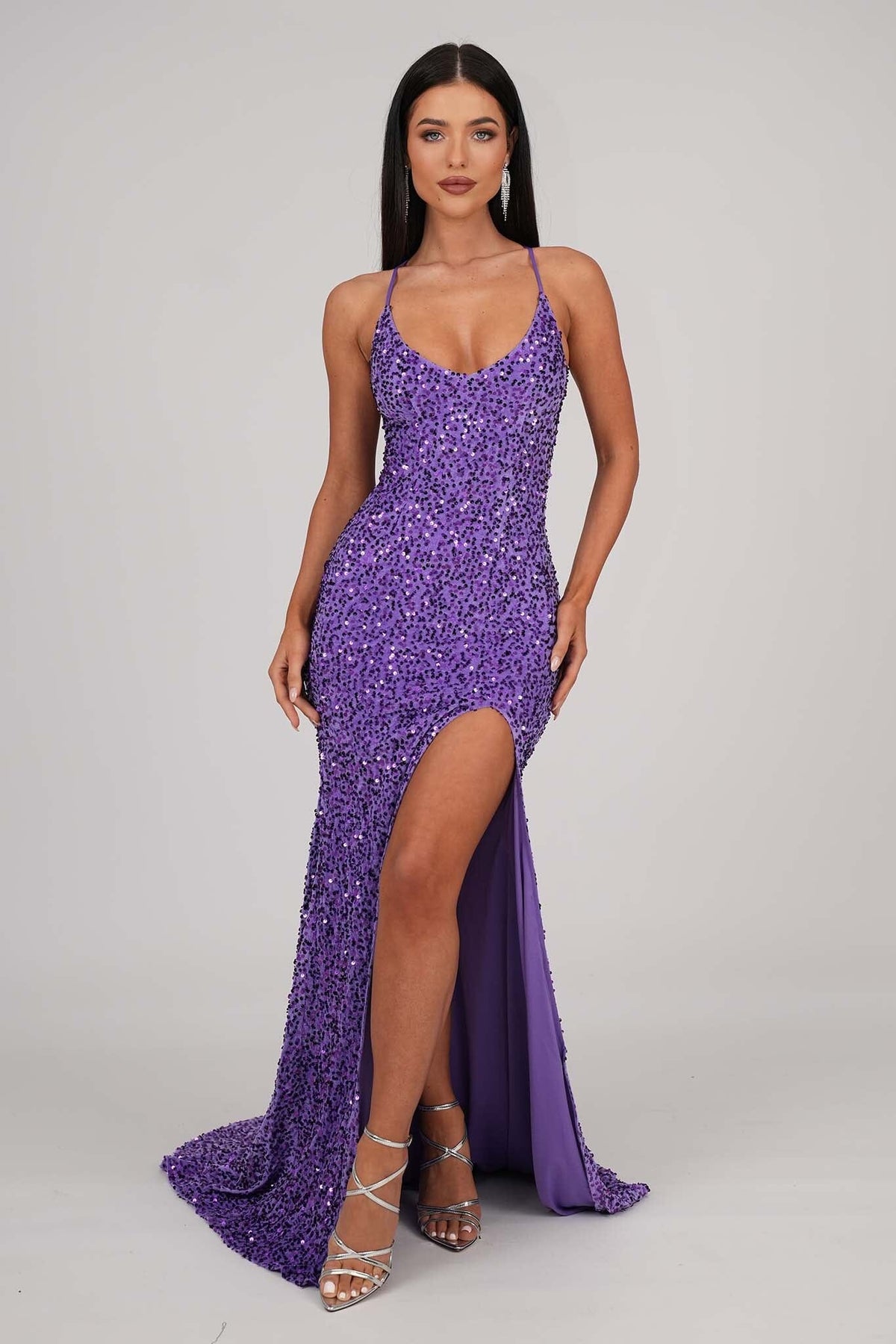 Purple Velvet Sequin Full Length Evening Gown with V Neckline, Thin Shoulder Straps, Thigh High Side Split and Lace Up Open Back